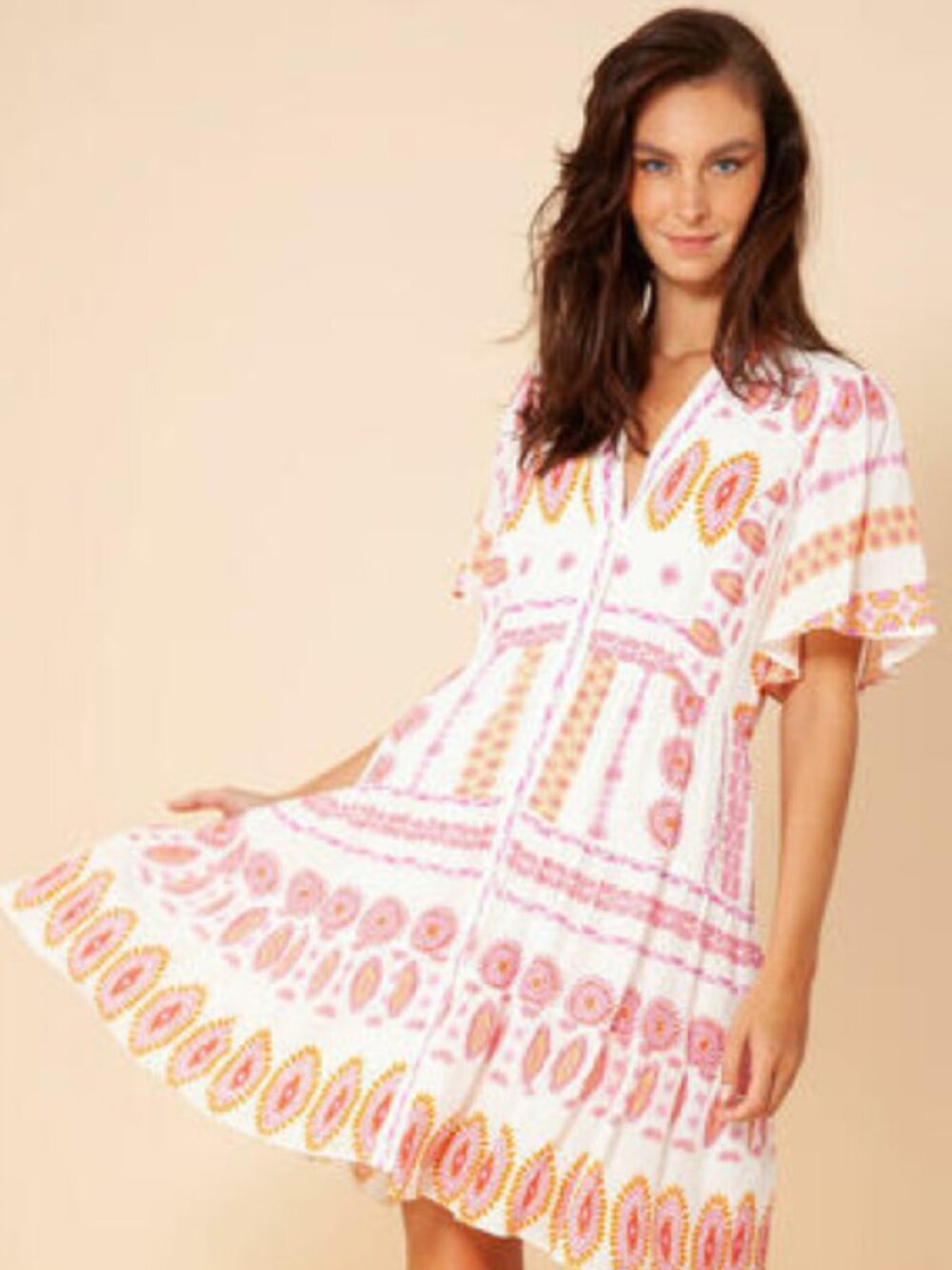 Hale Bob "Hania" Button tiered mini Dress in Pink/Orange Multi